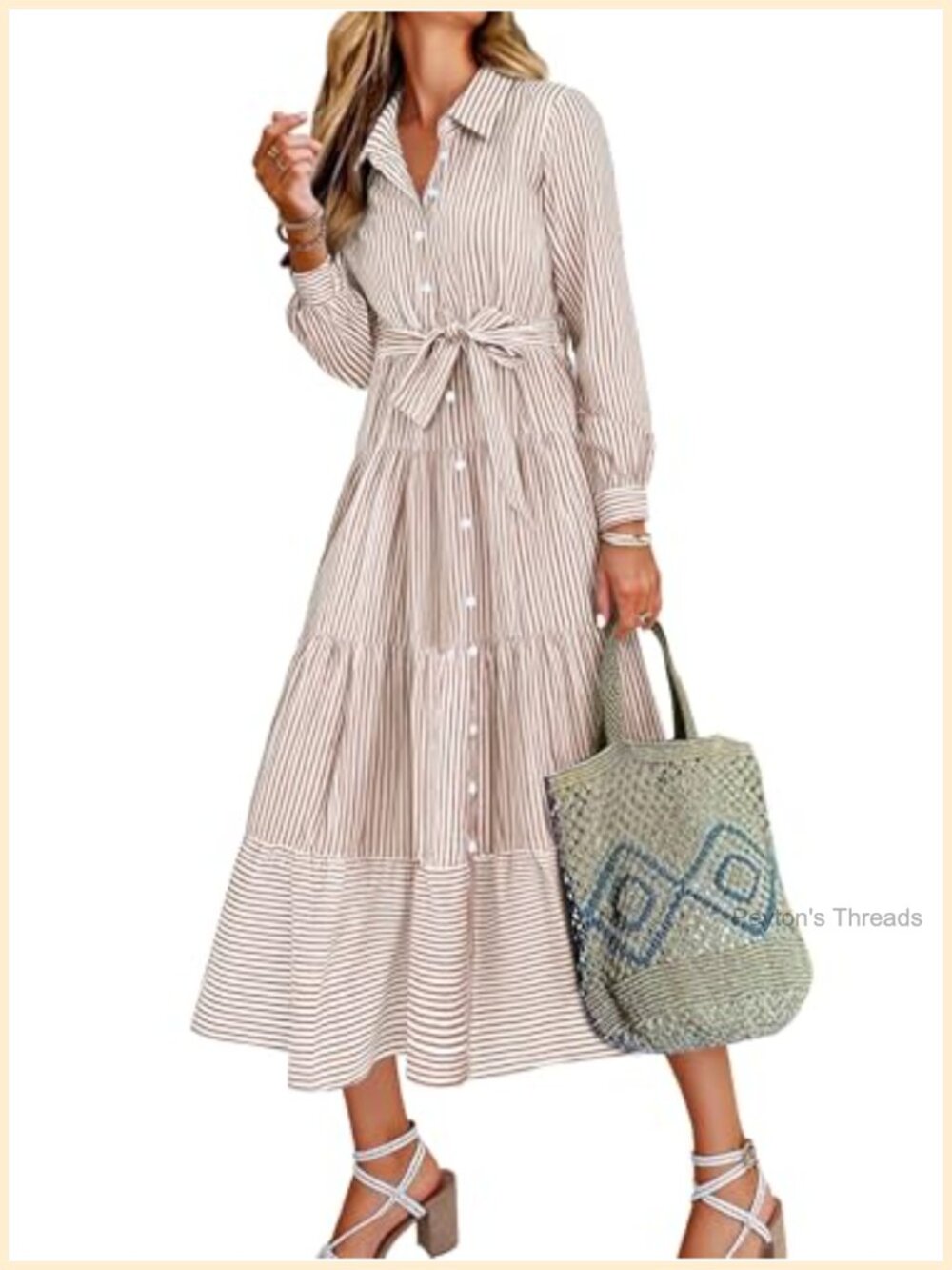 Women's Long Sleeve Striped Flowy Maxi Dress with Belt and Pockets